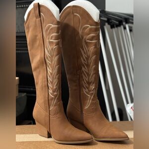 Brown Suede Knee High Cowboy Boots